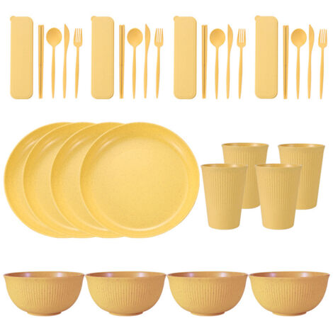Service de table portable en paille de blé (bols, assiettes et tasses), couteau, fourchette, cuillère et baguettes portugaises. Ensemble de 36 pièces.