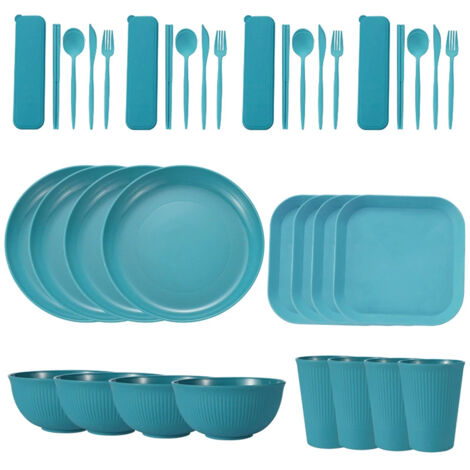 Service de table portable en paille de blé (bols, assiettes et tasses), couteau, fourchette, cuillère et baguettes portugaises. Ensemble de 36 pièces.