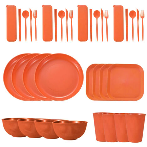 Service de table portable en paille de blé (bols, assiettes et tasses), couteau, fourchette, cuillère et baguettes portugaises. Ensemble de 36 pièces.