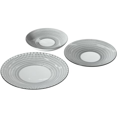Service vaisselle en porcelaine 18 pièces – 6 assiettes plates 26,5 cm – 6 assiettes creuses 20,3 cm – Imprimé discret – Secret De Gourmet