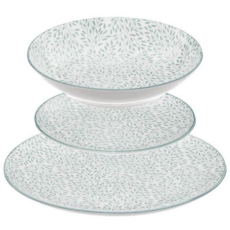 Service vaisselle en porcelaine 18 pièces – 6 assiettes plates, 6 assiettes creuses, 6 petites assiettes – Imprimé subtil, forme ronde – Secret De Gourmet