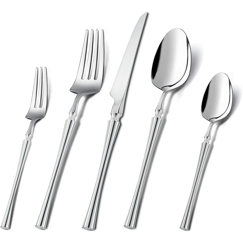 

Servicio de juego de cubiertos de acero inoxidable de 5 piezas, que incluye cuchara / cuchillo / tenedor, cubiertos de lujo pulidos de alto brillo,