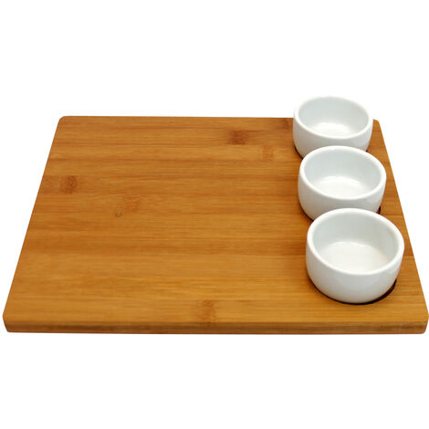 Servier-Set für Snacks, Bambustablett und 3 Schüsseln Sushi Geschirr Dipschale Servierschale Schälchen Servierset Häppchen Fingerfood Sushi-Set Servierplatte