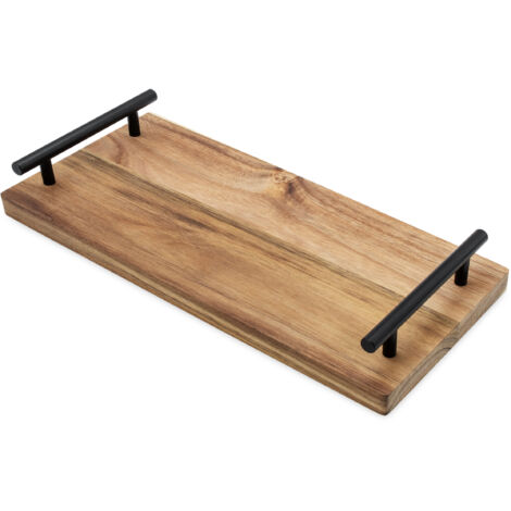 Serviertablett aus Akazienholz mit Griffen lebensmittelecht - 37 x 17 cm - Holz Kerzenbrett rechteckig mit Metall Tragegriffen in schwarz
