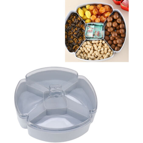 Serviertablett für Snacks - Kunststofftablett mit 5 Fächern - Rundes blaues Tablett mit transparentem Deckel für Obst, Nüsse, Süßigkeiten - 27,2 x 7,2 cm (2 Stück)