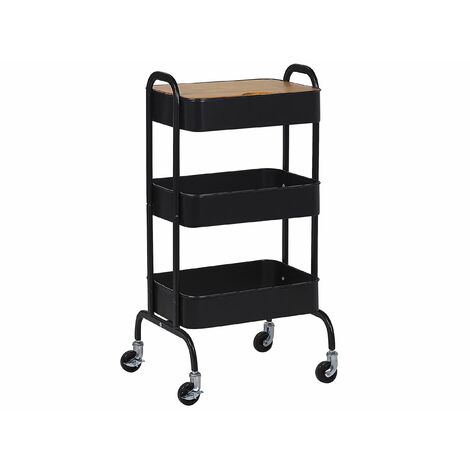 Servierwagen Schwarz Kieferholz/Metall 4 Räder 3 Ablagefläche Modernes Design Wohnzimmer /Esszimmer
