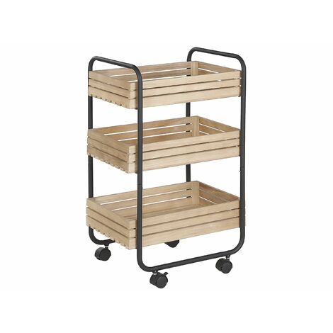 Servierwagen Hellbraun Paulownia Holz schwarzes Metallgestell rechteckig mit Rollen 3 Ablagen Industrie Stil Küche Wohnzimmer Salon Möbel