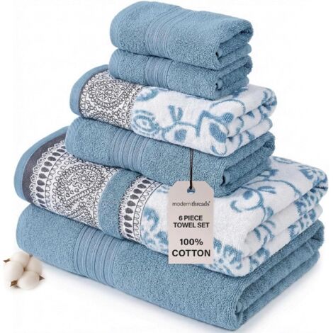 Serviette De Bain - Lot De 6 Pièces 100 % Coton - 2 Serviettes De Bain 70x140 Cm 2 Serviettes À Main 35x70 Cm 2 Gants De Toilette 33x33 Cm Bleu Ophelia