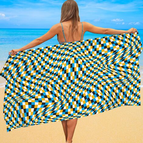 Serviette de bain microfibre, motif carreaux, anti-sable, pliable