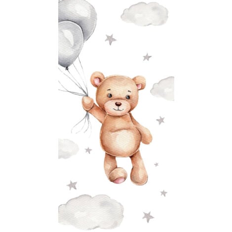 COFI 1453 Serviette de plage en coton "Ballons et ourson"- Blanc/Gris - 70 x 140 cm - Livraison gratuite