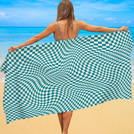 Serviette de plage en microfibre, carreaux vichy, gain de place