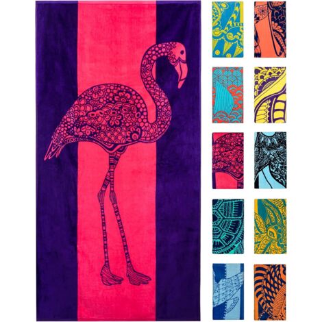 Serviette de plage flamant rose et violet avec un joli motif, extra large (XL, 86 x 160 cm), absorbante et portable, légère, 100 % coton