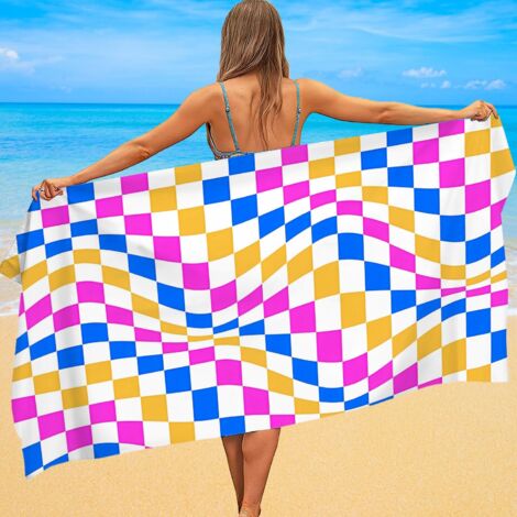 Serviette de plage microfibre, imprimé carreaux, douce, compacte