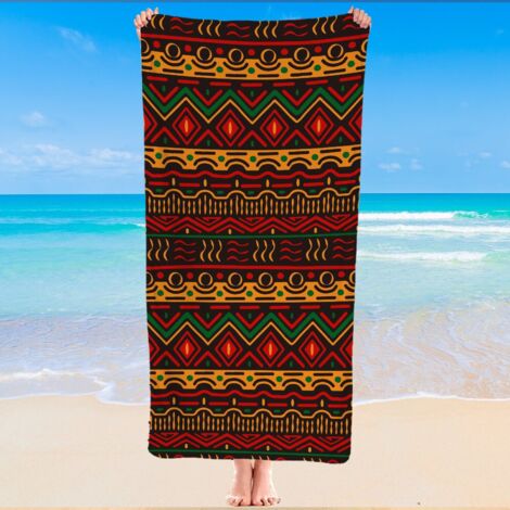 Serviette de plage motif tribal, microfibre, sèche vite, compacte