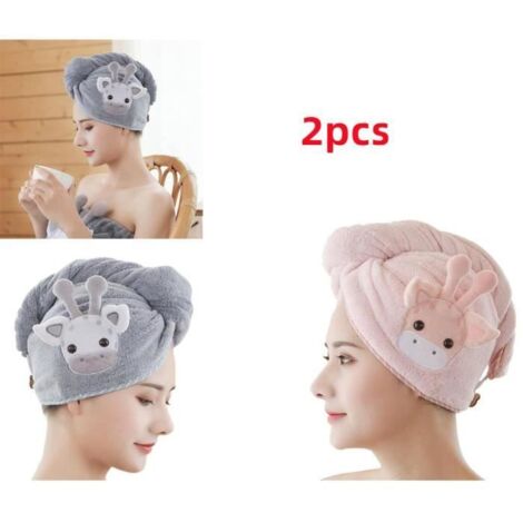 Serviette de séchage cheveux - Mignon - 2 pièces - Microfibre - Gris/Rose - Design enfantin