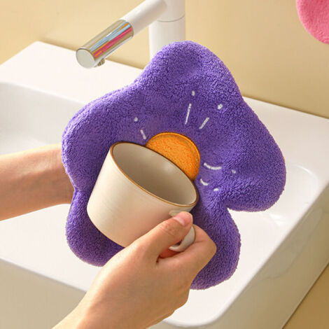 Serviette en molleton de corail Double couche en forme de fleur, serviette à main suspendue douce à forte absorption, violet
