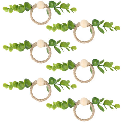 Serviettenringe – 6er-Set – Durchmesser 4,2 cm – Jutegewebe mit dekorativen Eukalyptusblättern – Rustikaler Stil – Für Hochzeiten, Partys und alltägliche Abendessen