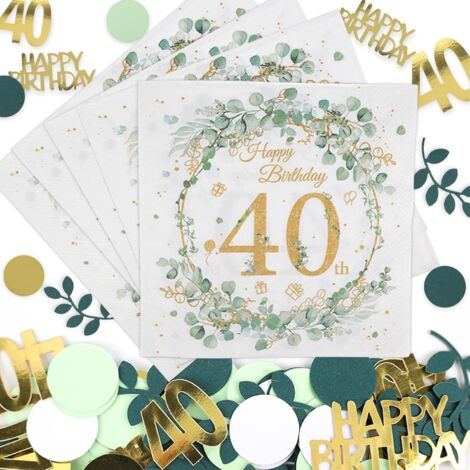 Serviettes 40 ans eucalyptus – 40 pièces avec confettis, déco femme/homme,