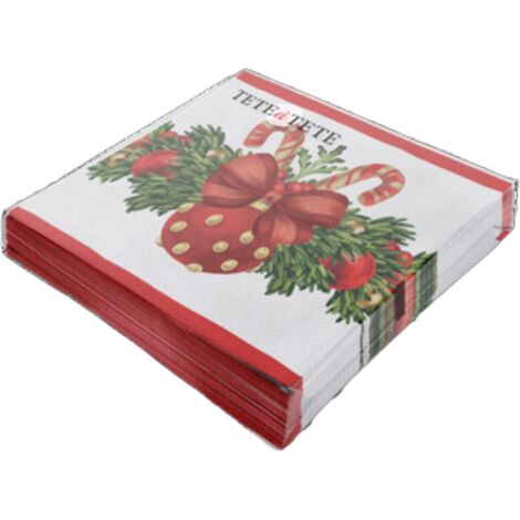 Serviettes de table Tête à Tête, motif boules de Noël rouges, 3 plis, 33 x 33 cm, pliées en 4, paquet de 20.