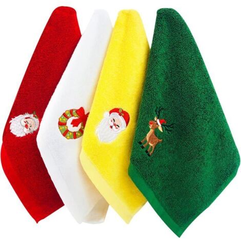 Serviettes en coton pur MICH - 4 packs - Motifs de Noël - Grande absorption - Douceur - Rouge, vert, jaune, blanc