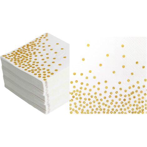 Serviettes En Papier - 100 Pièces - Blanc Et Doré - 33x33 Cm - Motif Pois - Pour Fête Et Cocktail