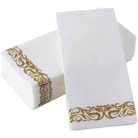 Serviettes en papier dentelle pour cocktail, fête, mariage, réception, jetables, style western, sans poussière d'or, or rose de haute qualité, argent, dentelle blanche et or, 40 x 30 cm, 150 feuilles 
