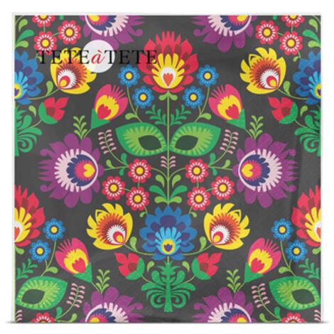 Serviettes noires style folk, serviettes Tête à Tête 3 plis 33 x 33 cm pliées en 4, paquet de 20.