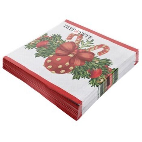 Servilletas Tete a Tete con diseño de adornos navideños rojos, 3 capas, 33x33 cm, dobladas en 1/4, 20 unidades por paquete.