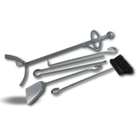 Serviteur cheminée acier  4 accessoires  Socle + pelle + balayette + tisonnier + pince - Jupiter - Serviteur cheminée