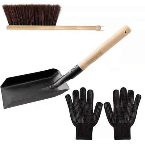 Serviteur Cheminée, Ensemble de 3 Ustensiles de Cheminée Modernes, Accessoires de Poele a Bois, Pelle, Balai et Mitaine, pour les Cheminées, les Barbecues, pour l'Intérieur et l'Extérieur