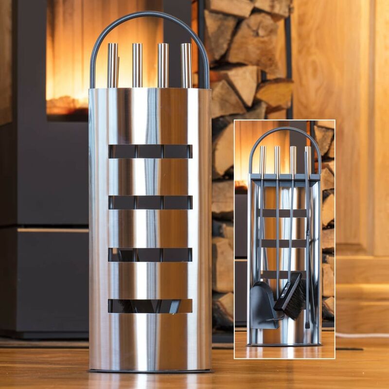 Le Poisson Qui Jardine - Serviteur de cheminée 5 Outils Balai, 1 Pelle, 1 Pince, 1 Tisonnier en Acier 23 cm x 14,5 cm x 58 cm - Argent