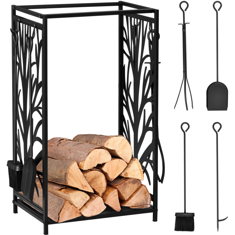 Homcom – Serviteur de cheminée en acier époxy anticorrosion – Range bûches avec étagère et 4 accessoires – Dimensions 46L x 29l x 70H cm