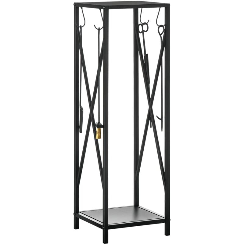 Outsunny - Serviteur de cheminée colonne - porte bûches - range bûches multi accessoires dim. 34L x 34l x 111H cm métal noir