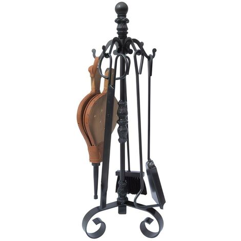 Serviteur de cheminée en fer forgé noir – Ensemble 5 outils – Hauteur 72 cm – Pince coupe-feu, pelle, brosse, soufflet – Visiodirect