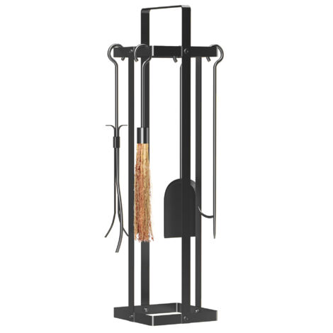 Serviteur de cheminée Kit de ramonage (5 pièces), accessoires de cheminée, balai, pelle, pince, porte-cartes à jouer (métal noir)