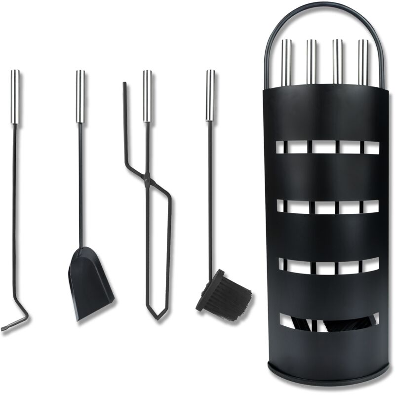 Hengmei - Serviteur de cheminée Lot de 5 accessoires de cheminée en acier inoxydable avec support, balai, pinces, tisonnier et pelle à cendres Noir
