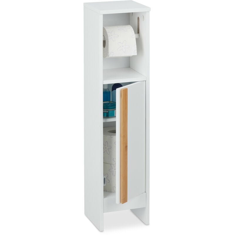 Serviteur de papier toilette sur pieds, Accessoire toilettes hlp : 75,5 x 18,5 x 18,5 cm, mdf et bambou, blanc - Relaxdays