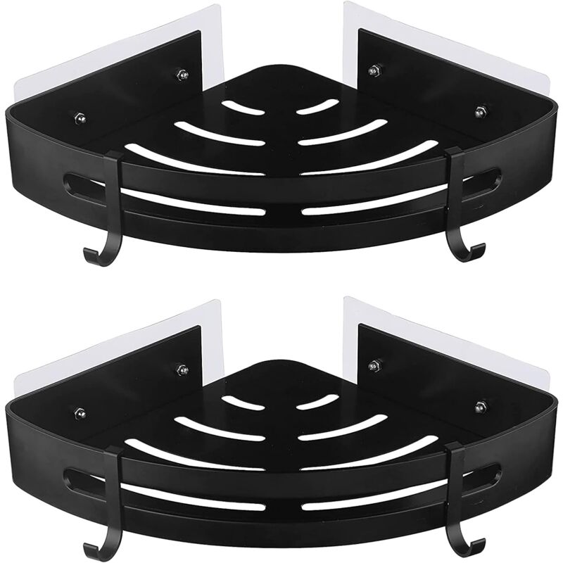 Serviteur Douche Auto-Adhésive Etagère d'Angle De Douche Montage sans Perceuse Murale Douche Étagère Aluminium 2 Niveaux Triangulaire Noir