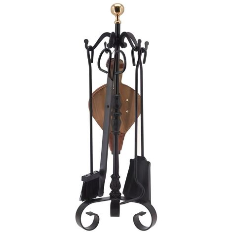 Serviteur/Garniture de cheminée ensembles d'outils pince à feu pelle brosse en fer forgé avec boule dorée coloris Noir - Hauteur 72cm