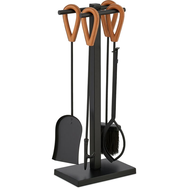 Relaxdays - Serviteur pour cheminée, lot 5 pièces, tisonnier, pelle, balai à cendres, pince, support, cuir, noir - marron