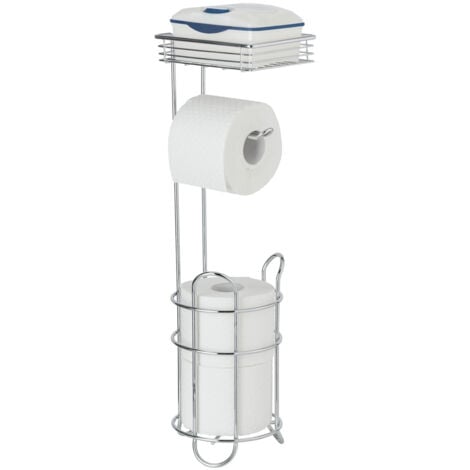 Serviteur WC 3en1 Rack WENKO, Dérouleur papier toilette sur pied avec étagère de rangement et range papier toilette, Métal, 15x18x59cm, argent chromé