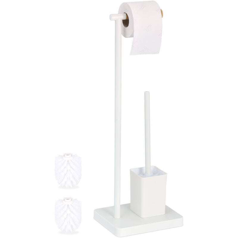 Serviteur wc, HxLxP : 66,5x23x18 cm, support papier toilettes, brosse et porte-brosse, acier inoxydable, blanc - Relaxdays