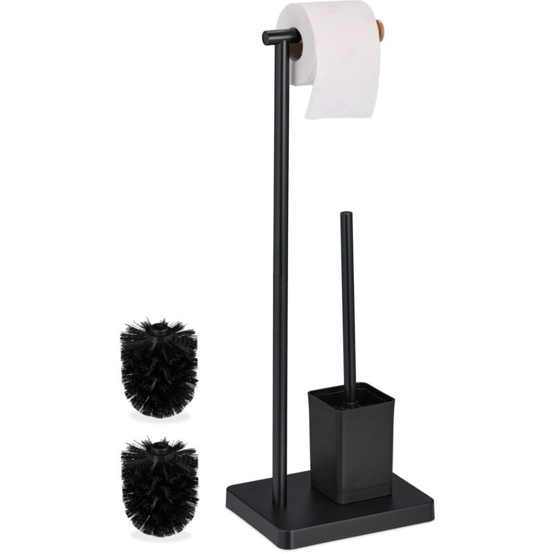 Serviteur wc, HxLxP : 66,5x23x18 cm, support papier toilettes, brosse et porte-brosse, acier inoxydable, noir - Relaxdays