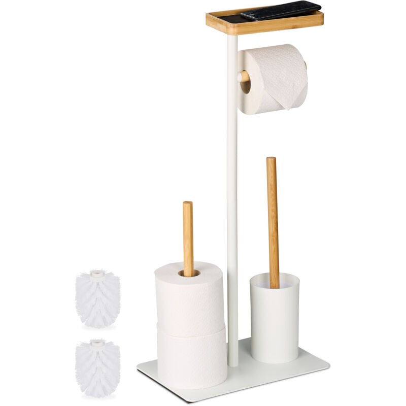 Serviteur wc, mélange de matériaux, non fixe, brosse et porte-brosse, blanc et nature - Relaxdays