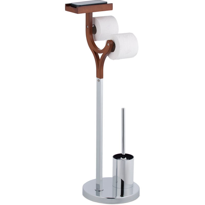 Serviteur wc non fixe, brosse, porte-brosse, étagère, h x l x p : 84 x 25 x 30 cm, argenté et marron - Relaxdays