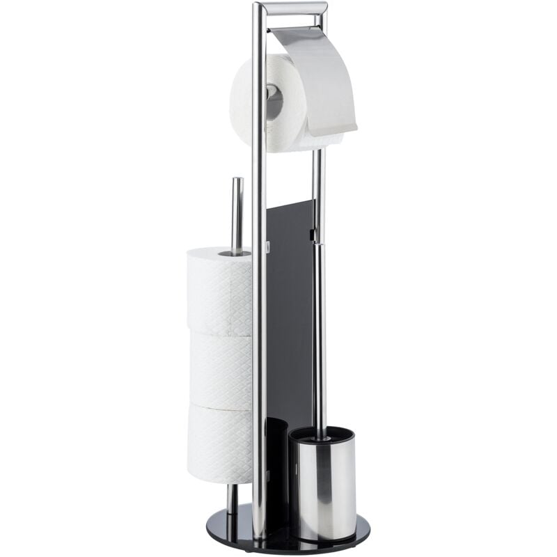 Combiné wc Ravina 3en1 Wenko Brosse wc et dérouleur papier toilette, Range pq jusqu'à 3 rouleaux, Acier inox - verre trempé, 20x70 cm, Argent