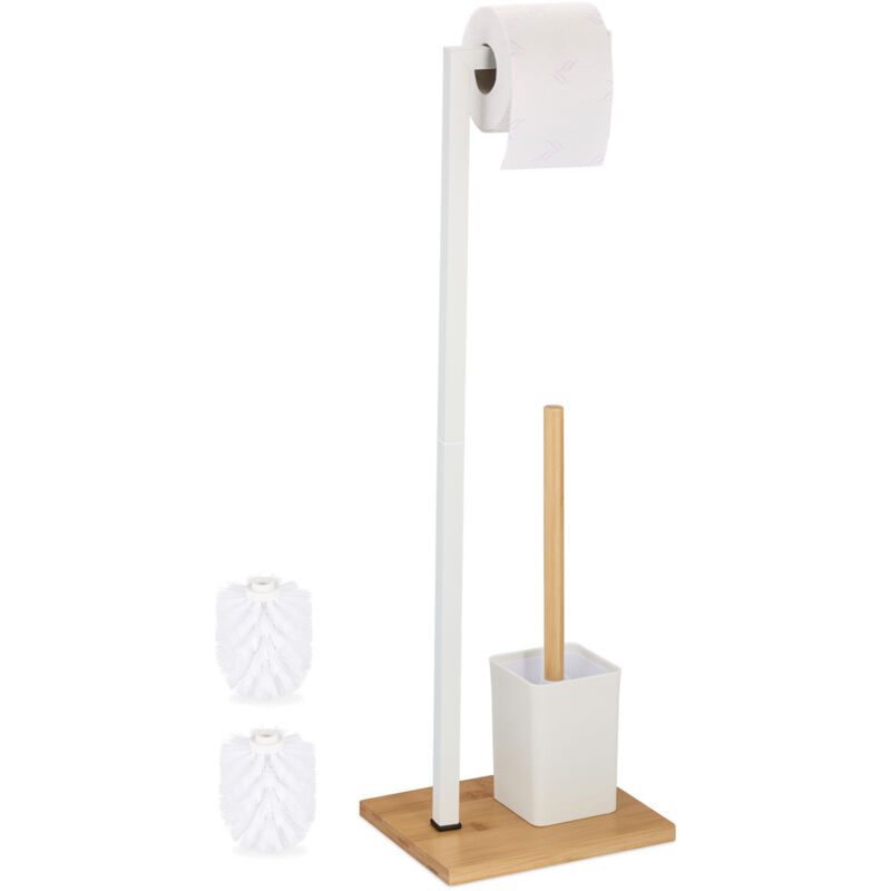 Relaxdays Serviteur WC, support non fixe, brosse avec porte-brosse, acier inoxydable & bambou, blanc - nature