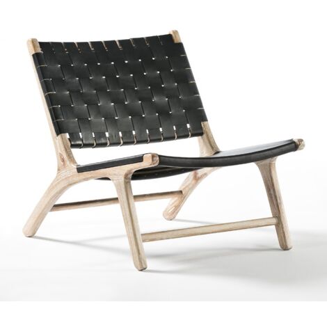 Sessel 64X80X70 Mindiholz ​​weiß gewaschen/schwarzes Leder