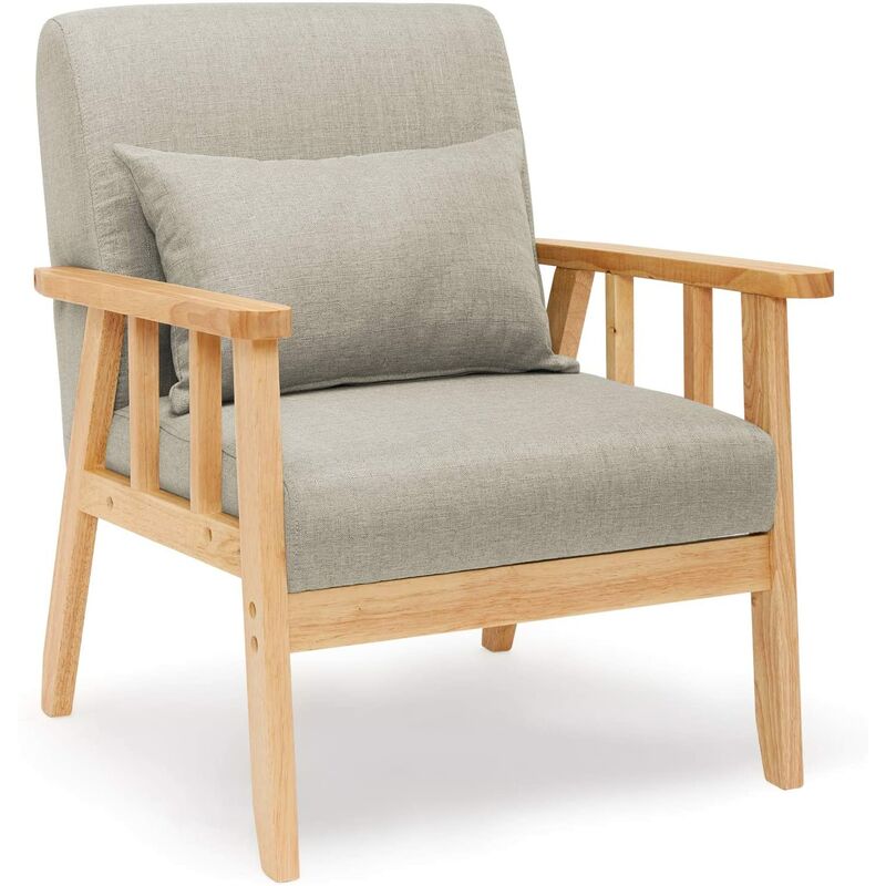 Sessel aus Leinen Massivholzrahmen, Retro Armlehnensessel mit Kissen, Couch, Sofa, geeignet für Schlafzimmer, Wohnzimmer, Balkon oder Büro,