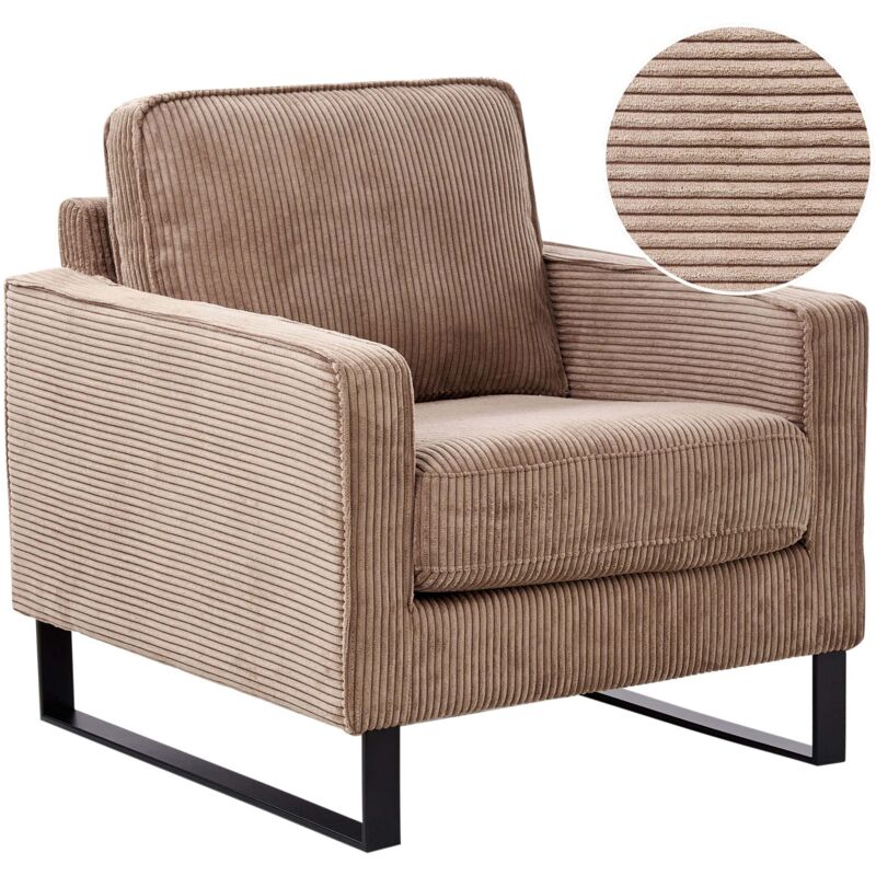 Beliani Sessel Beige Cord Mit Schwarzen Edelstahlfüßen Dicke Polsterung Niedrige Armlehnen Retro Wohnzimmer Schlafzimmer Flur Ausstattung Sitzmöbel